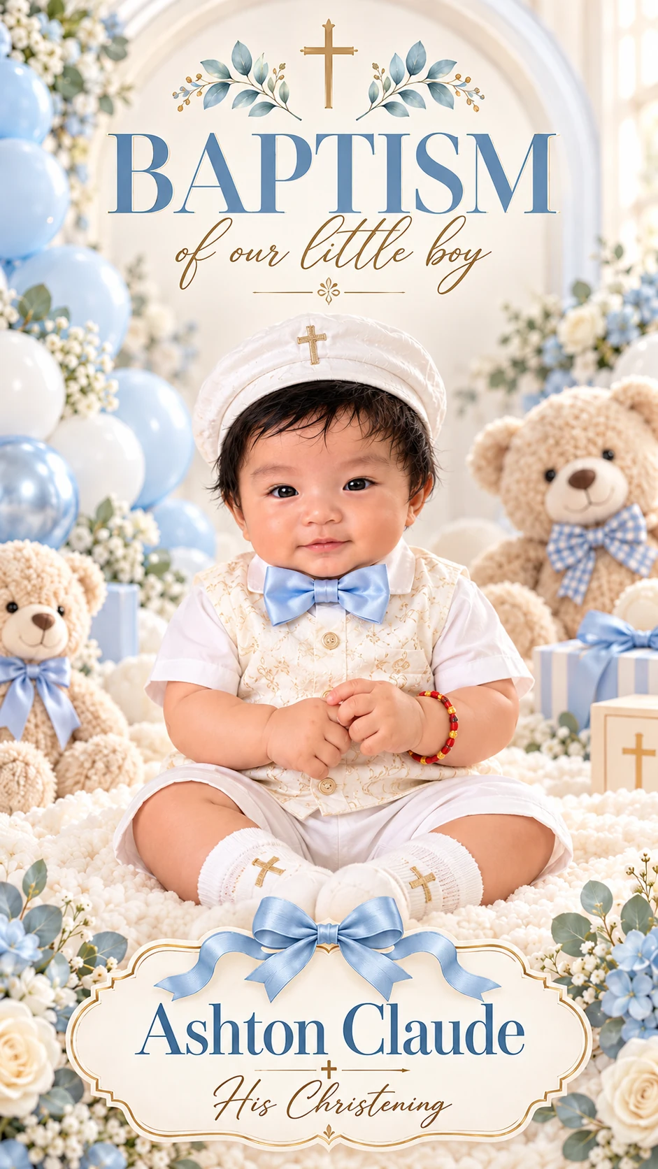Baptism of our little boy Ashton Claude: his portrait in a white baptism cap and blue bow tie, framed by pastel blue balloons, teddy bears, gold cross, flowers, and a blue ribboned nameplate