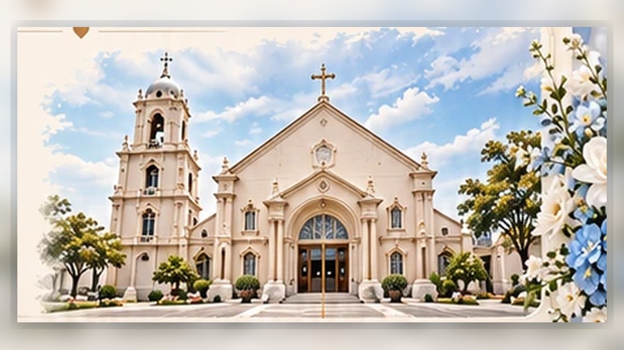 Illustrative church exterior surrounded by a soft sky-blue floral frame