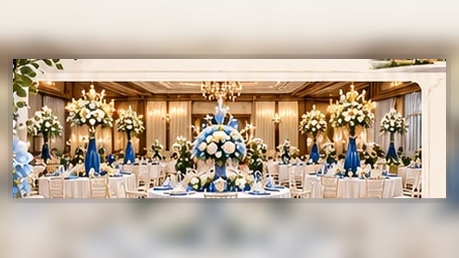 Illustrative elegantly decorated blue and white reception hall